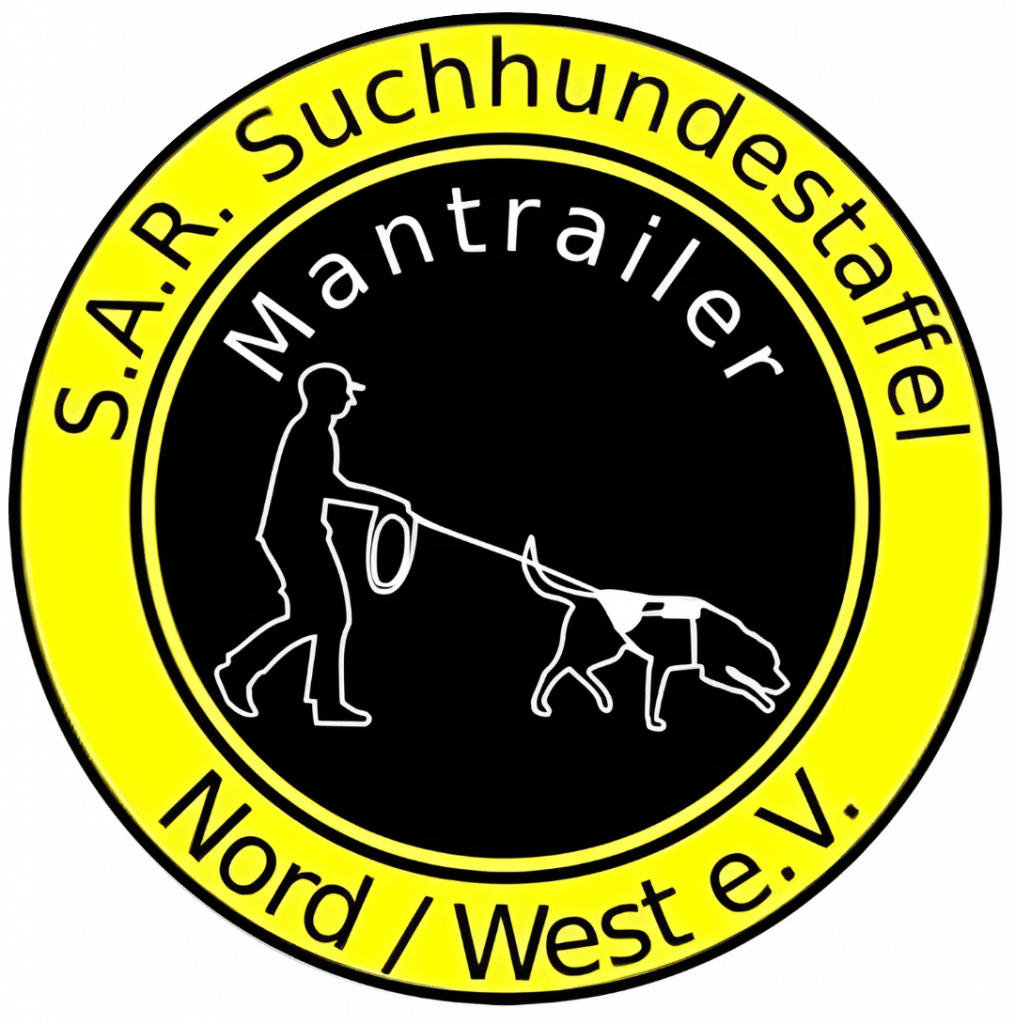 Rundes Logo der S.A.R. Suchhundestaffel Nord/West e.V. in Gelb und Schwarz mit Silhouette eines Suchhundeführers und Hundes an der Leine.