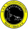 Rundes Logo der S.A.R. Suchhundestaffel Nord/West e.V. in Gelb und Schwarz mit Silhouette eines Suchhundeführers und Hundes an der Leine.