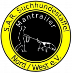 Rundes Logo der S.A.R. Suchhundestaffel Nord/West e.V. in Gelb und Schwarz mit Silhouette eines Suchhundeführers und Hundes an der Leine.